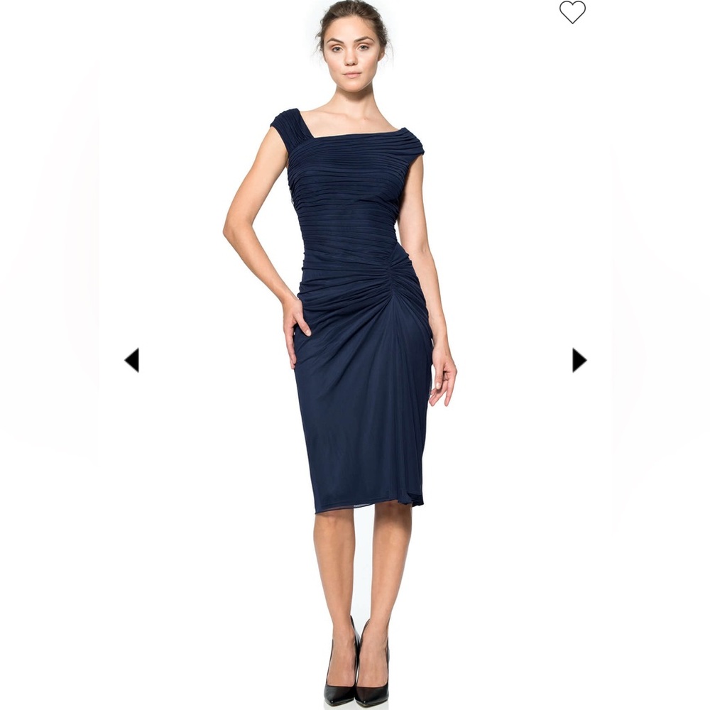 TADASHI SHOJI  DRAPED MESH COCKTAIL DRESS. LARGE COLOR INDIGO.